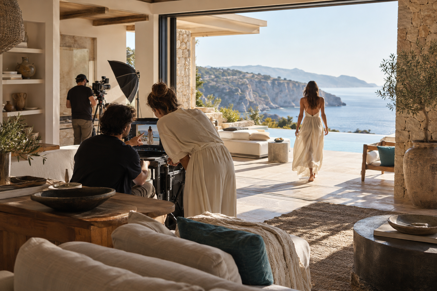 Small creative team producing lifestyle content inside a coastal boutique hotel